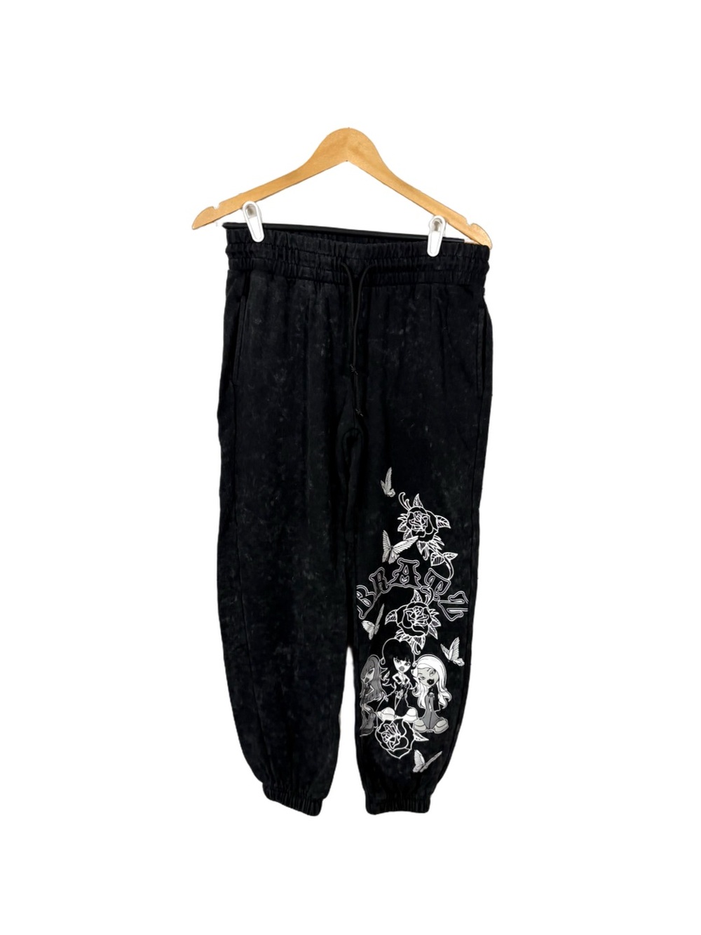Bratz Black Wash Graphic Jogger Sweatpants Womens M Y2K Roses Butterflies